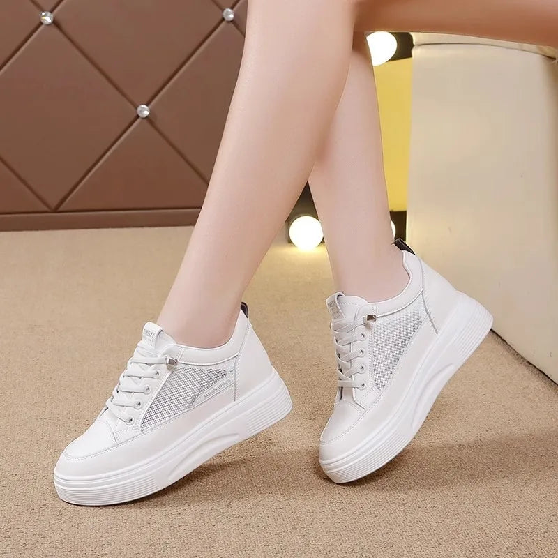Womens 2026 Spring Summer White Platform Sneakers Inner Height Increasing Thick Sole Casual Breathable Sport Walking Shoes