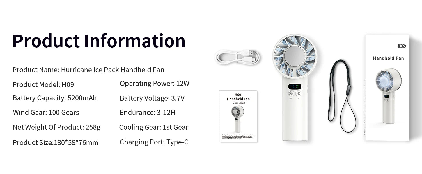 Outdoor Portable Mini Fan Handheld Fan with LED Display Semiconductor Refrigeration 100 Wind Speeds USB Rechargeable Battery Fan