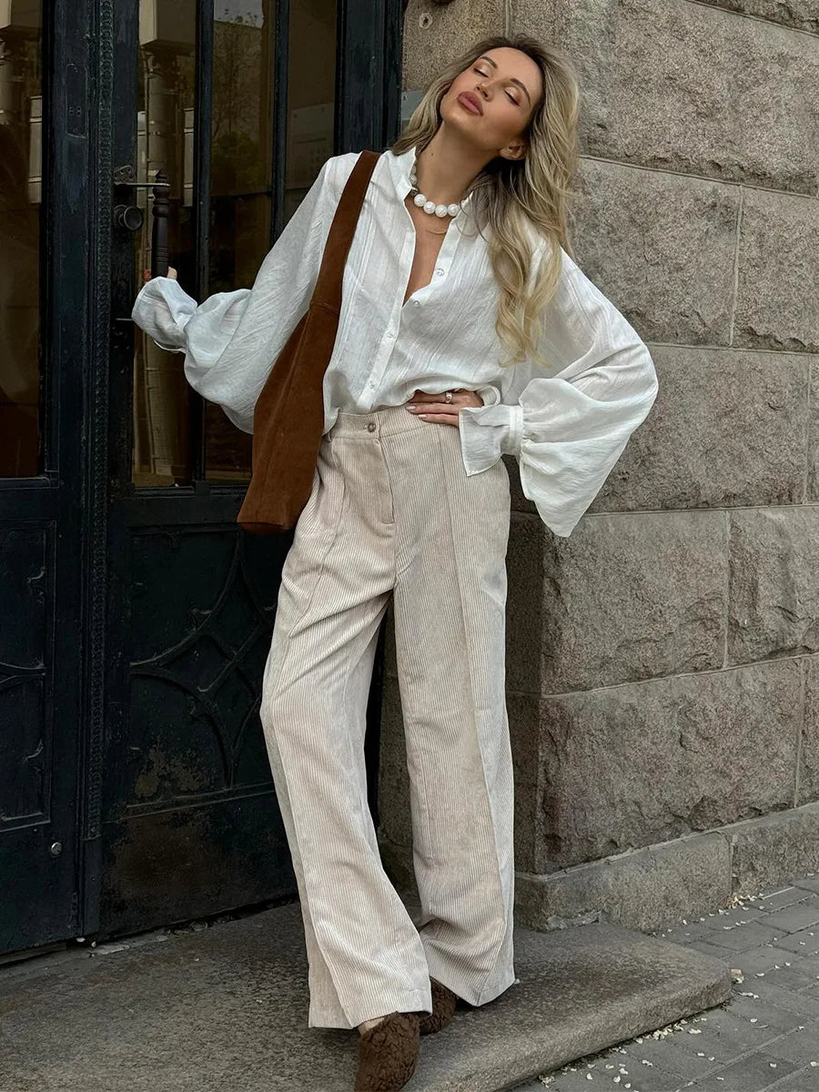 Bornladies Cotton Women's New Retro Wide Leg Pants Loose Fit Corduroy High Waist Trendy Autumn Winter Fashion Trousers