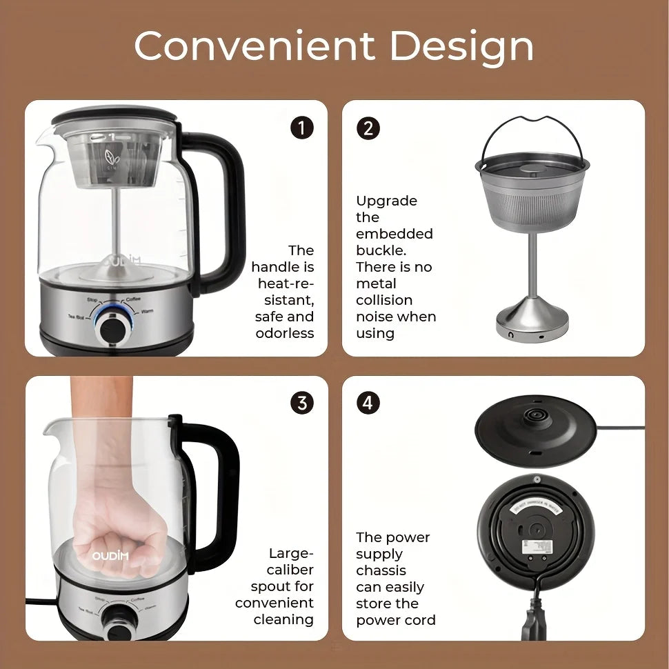 40.58Oz Electric Coffee Maker And Tea Infuser - 600W, Bpa-Free Glass Stainless Steel Kettle, Heat Resistant Borosilicate, 304 St