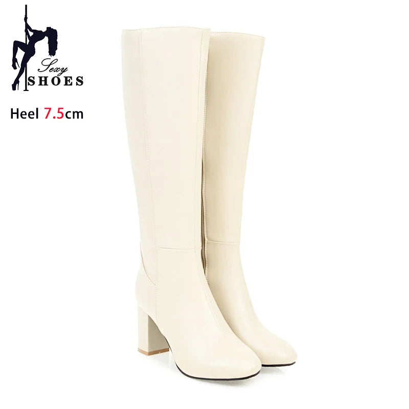 Black Long Boots Women's Fashionable Thick Heels Side Zipper Ladies Shoes Soft PU Leather Knee High Boots Plus Size 43 44 45 46