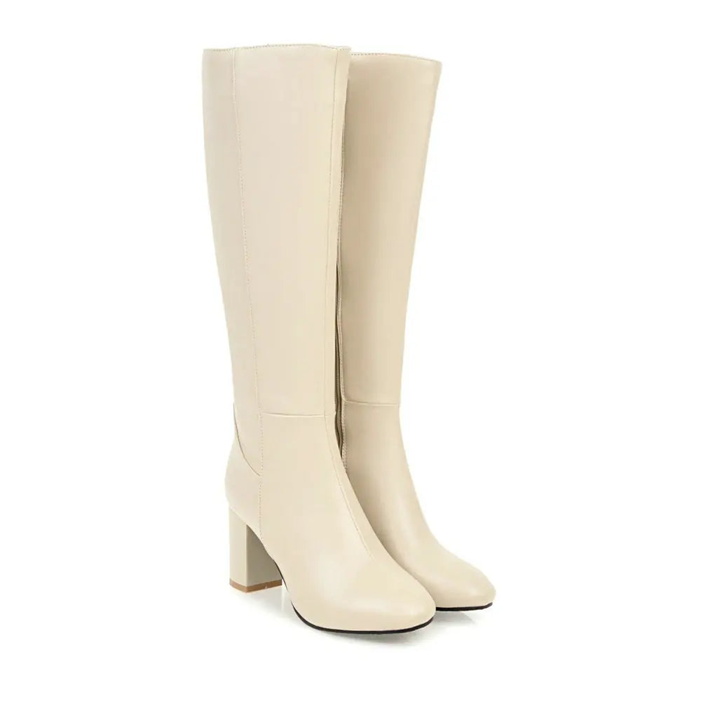 Black Long Boots Women's Fashionable Thick Heels Side Zipper Ladies Shoes Soft PU Leather Knee High Boots Plus Size 43 44 45 46