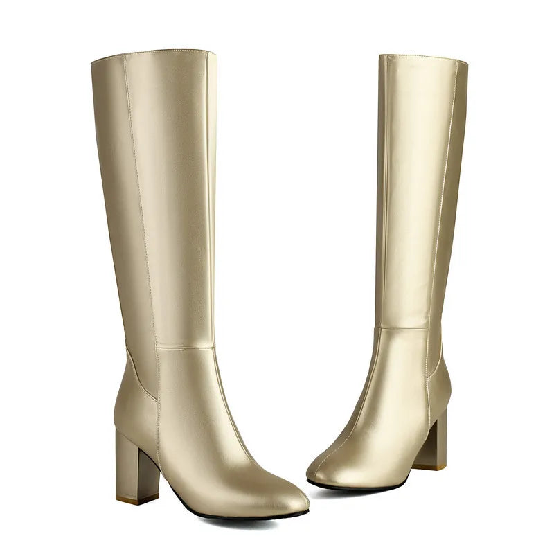 Black Long Boots Women's Fashionable Thick Heels Side Zipper Ladies Shoes Soft PU Leather Knee High Boots Plus Size 43 44 45 46