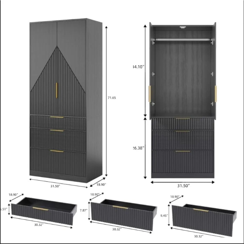 Large Wooden Wardrobe Armoire with Double Doors, 3 Drawers, and Hanging Rod for Bedroom Storage