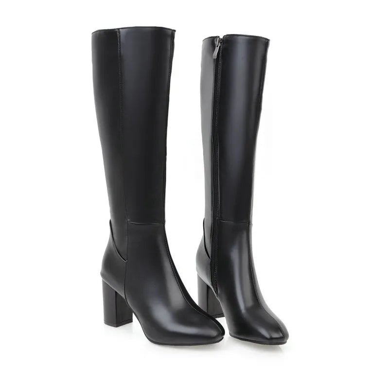 Black Long Boots Women's Fashionable Thick Heels Side Zipper Ladies Shoes Soft PU Leather Knee High Boots Plus Size 43 44 45 46