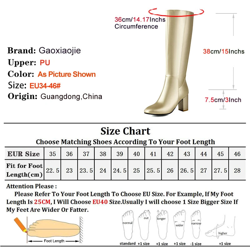 Black Long Boots Women's Fashionable Thick Heels Side Zipper Ladies Shoes Soft PU Leather Knee High Boots Plus Size 43 44 45 46