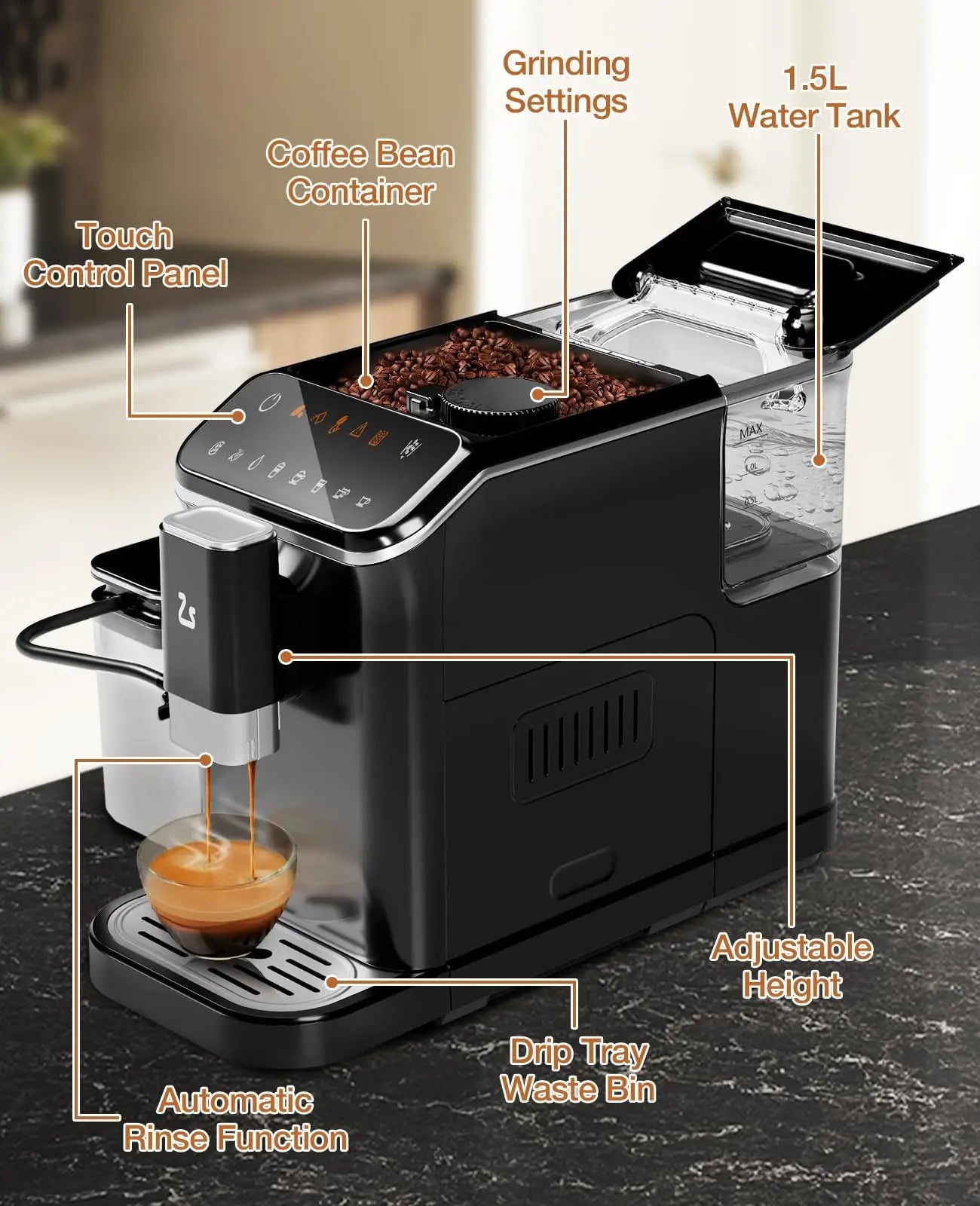 20-Bar Espresso Maker With Bean Grinder Professional Coffee Machine With Milk Frother & 1.5l Water Tank For Coffee Lovers