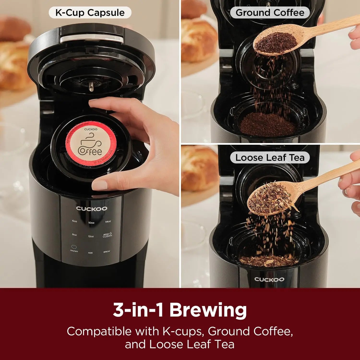 Single Serve Coffee Maker for K-Cup Ground Beans & Loose-Leaf Tea, Versatile 3-in-1 Pod Coffee Maker, Small Single Cup Machine w