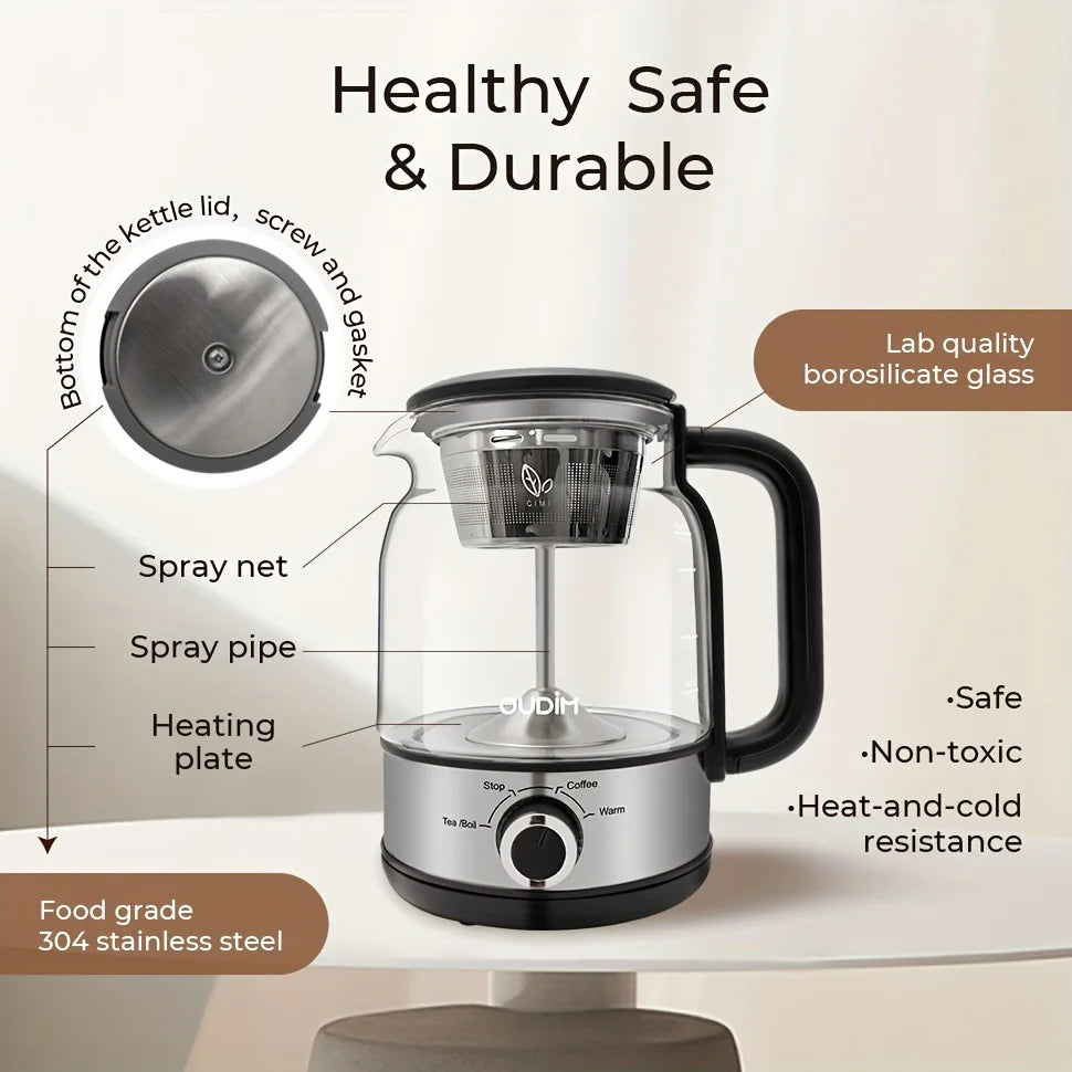 40.58Oz Electric Coffee Maker And Tea Infuser - 600W, Bpa-Free Glass Stainless Steel Kettle, Heat Resistant Borosilicate, 304 St