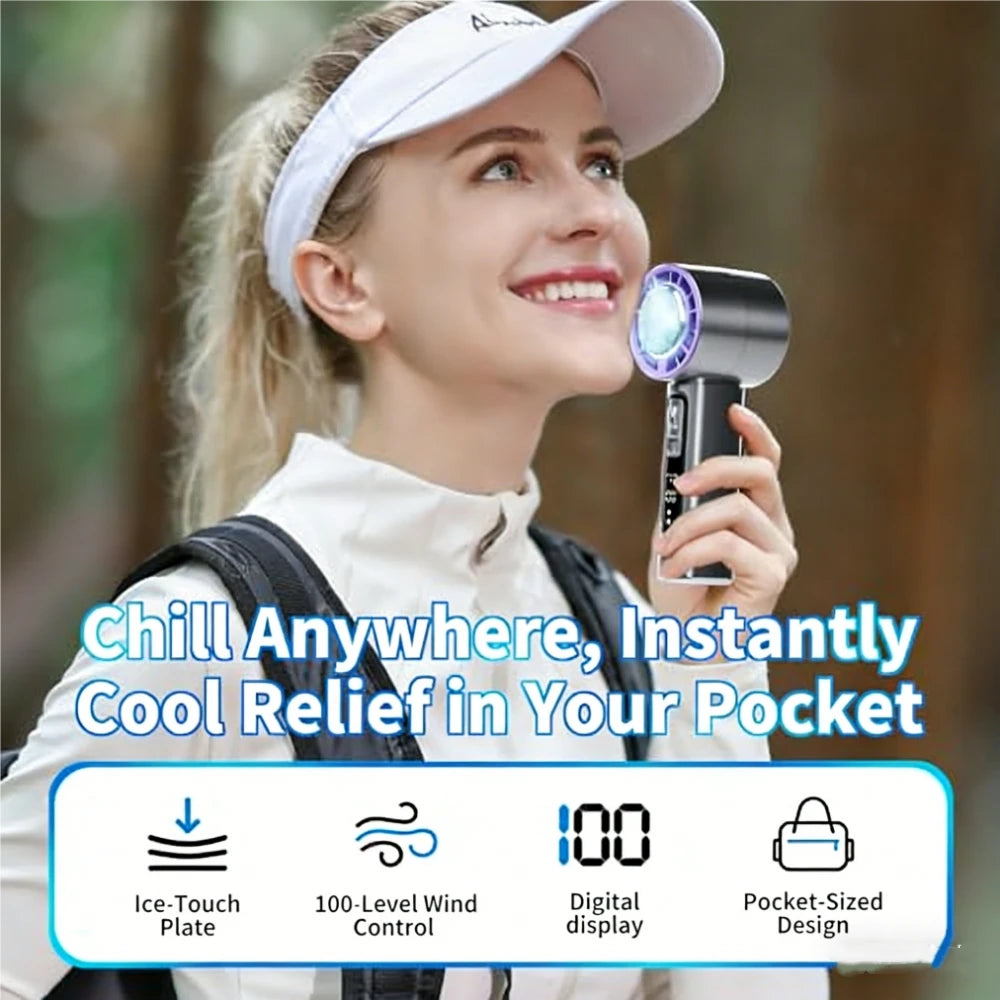 Outdoor Portable Mini Fan Handheld Fan with LED Display Semiconductor Refrigeration 100 Wind Speeds USB Rechargeable Battery Fan
