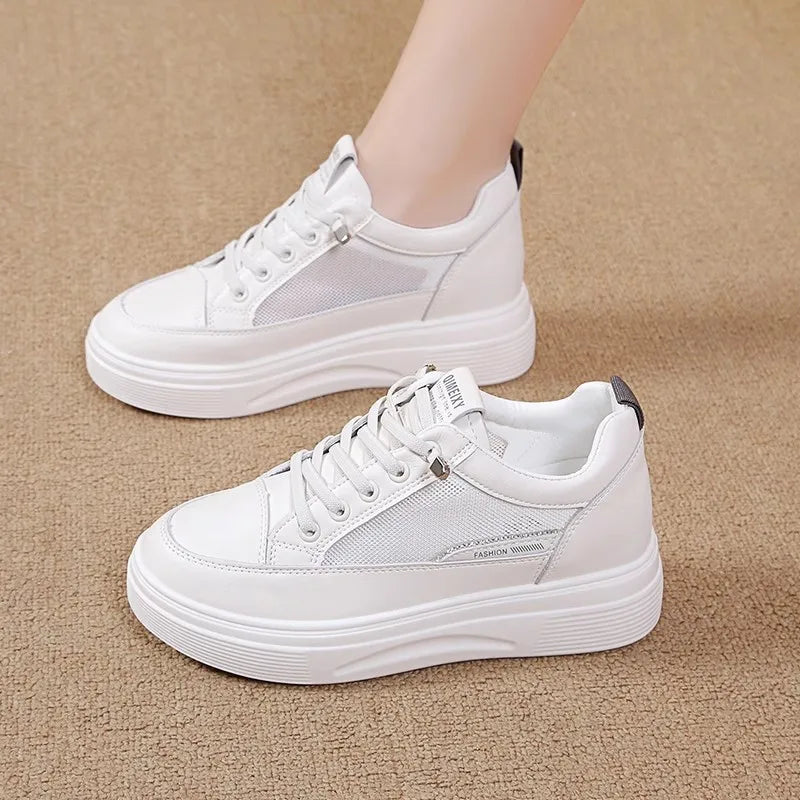 Womens 2026 Spring Summer White Platform Sneakers Inner Height Increasing Thick Sole Casual Breathable Sport Walking Shoes