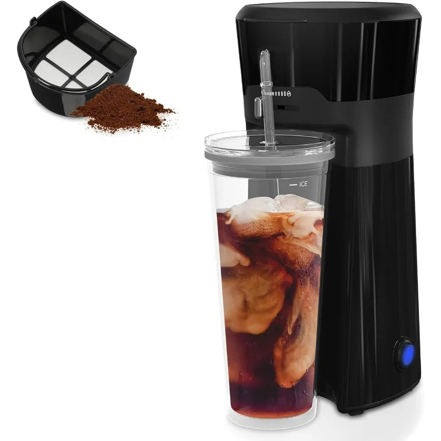 Iced Coffee and Tea Maker with Reusable Coffee Filter and Portable 20oz Double Insulated Cups Single Serve Machine for Home Str