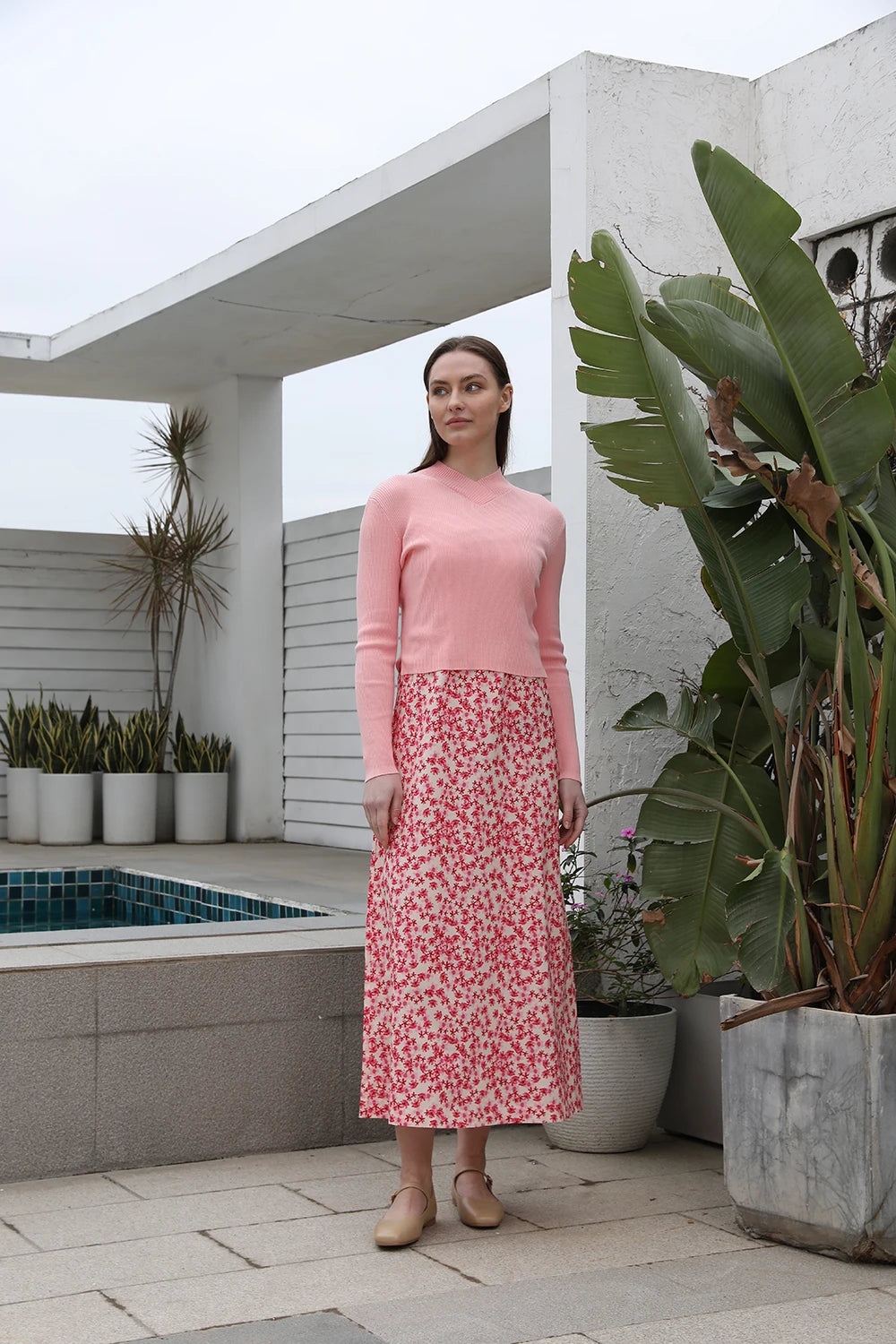 Spring and Summer Women Pink Pattern Satin Slip Dress Knitting V-neck Sweater Sweet Style Clothing