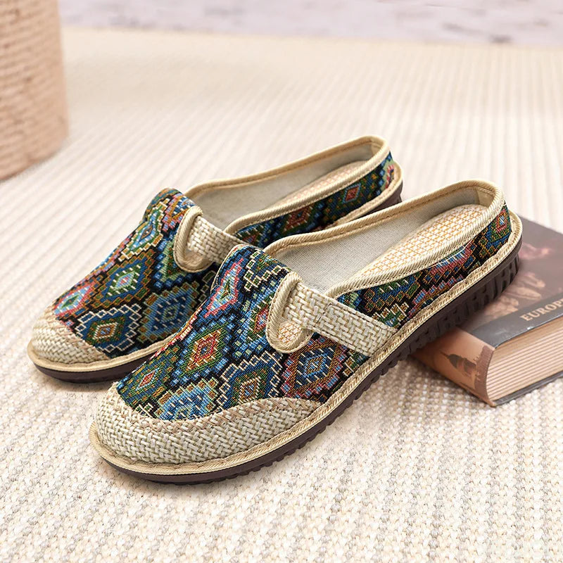 Ethnic Style Embroidered Shoes New Linen Breathable Half Slippers for Women with Soft Soles Women's Cloth Shoes for One Foot