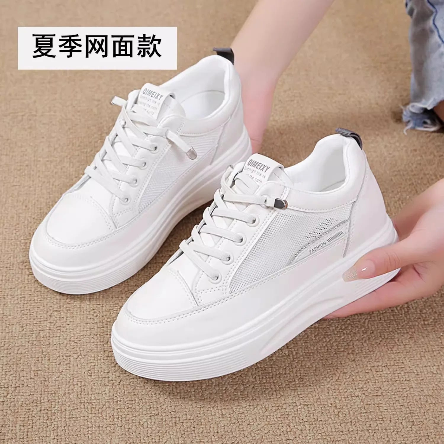 Womens 2026 Spring Summer White Platform Sneakers Inner Height Increasing Thick Sole Casual Breathable Sport Walking Shoes