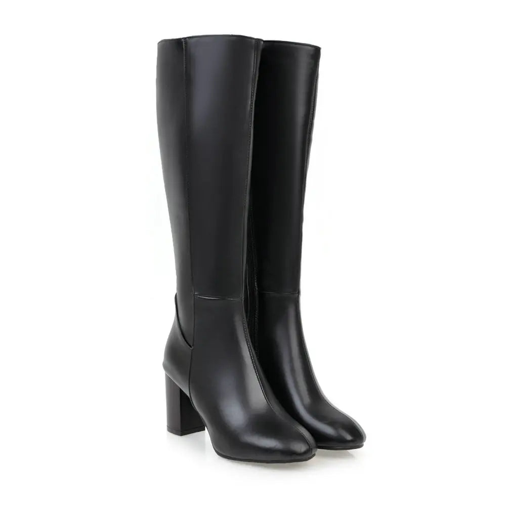 Black Long Boots Women's Fashionable Thick Heels Side Zipper Ladies Shoes Soft PU Leather Knee High Boots Plus Size 43 44 45 46