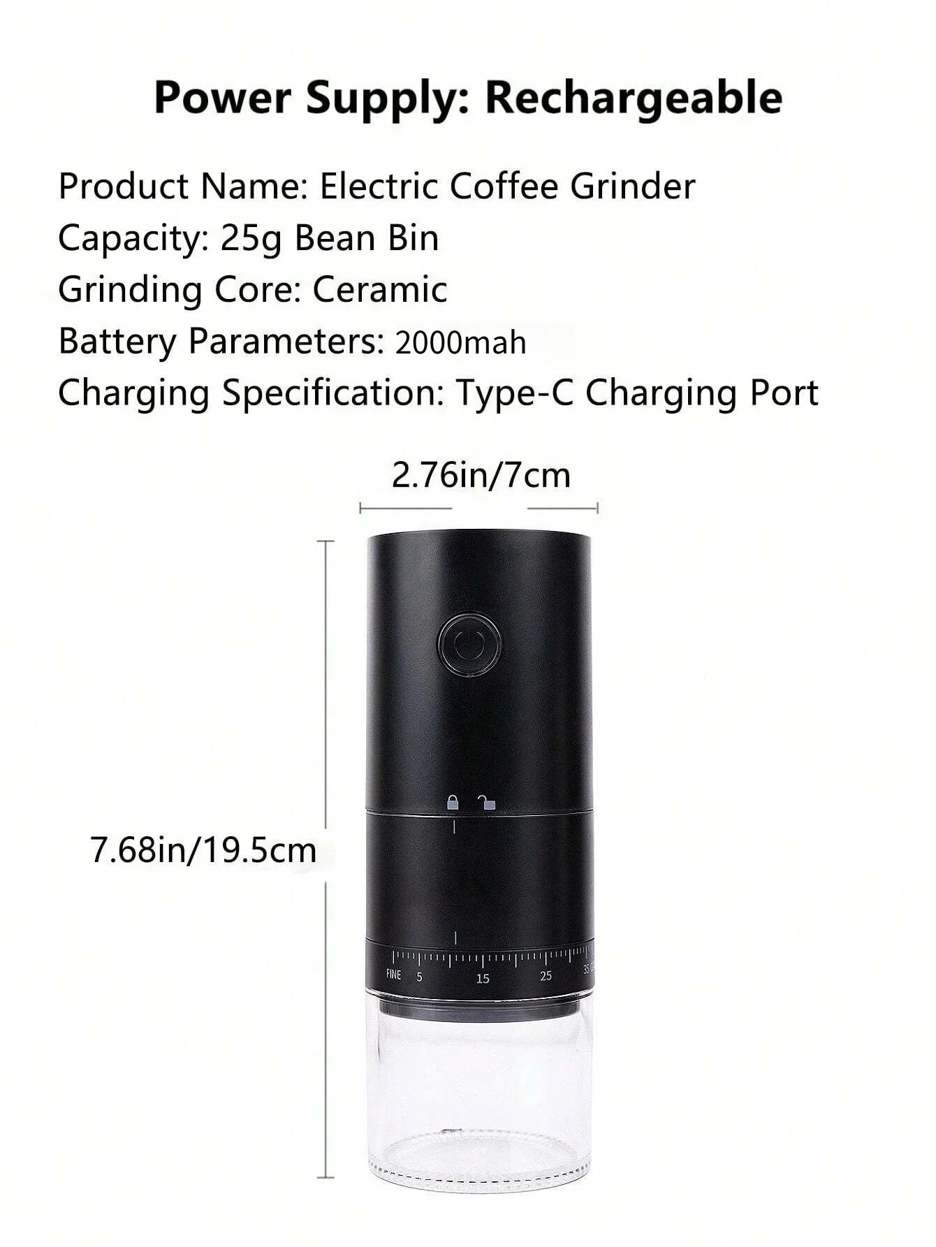 Electric Coffee Grinder 38 Gears Adjustment Ceramic Filter Long Battery Life One-Button Start Bean Grinder