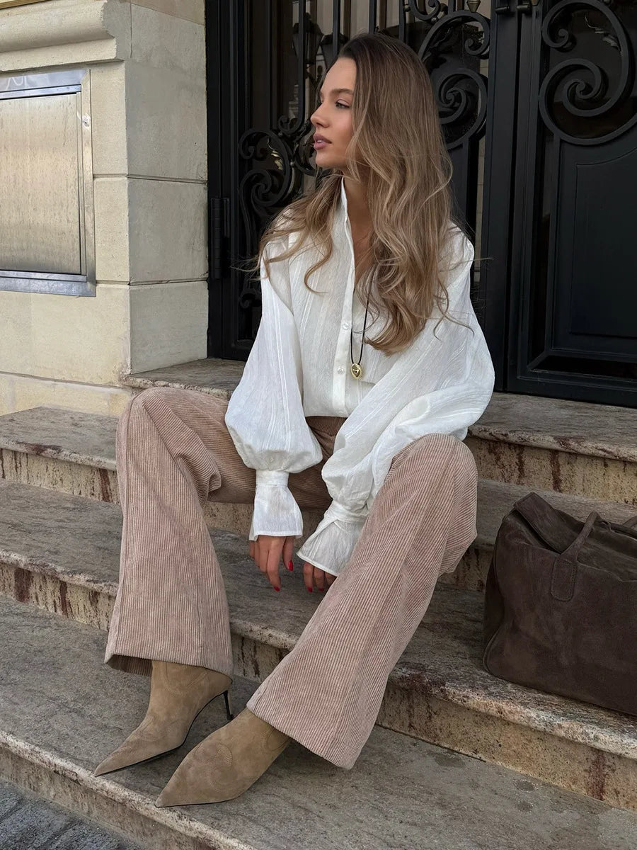 Bornladies Cotton Women's New Retro Wide Leg Pants Loose Fit Corduroy High Waist Trendy Autumn Winter Fashion Trousers