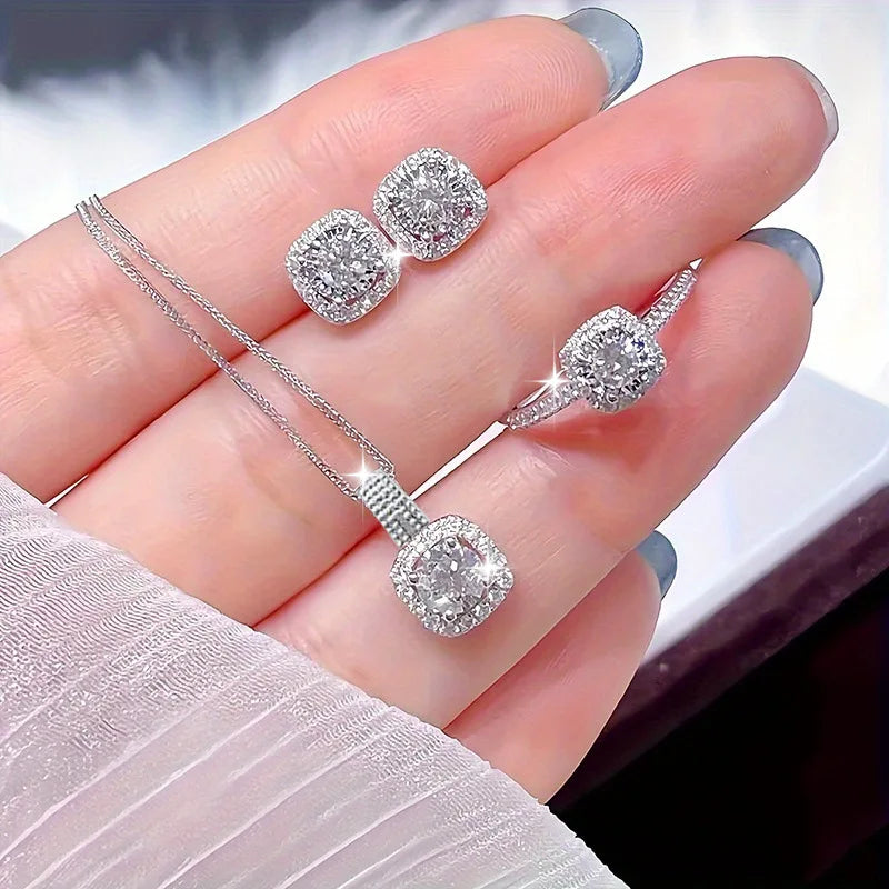 Holiday Preferred Elegant Exquisite Jewelry Set - Luxury Sparkling Necklace Earrings Ring Romantic Commemorative Gift