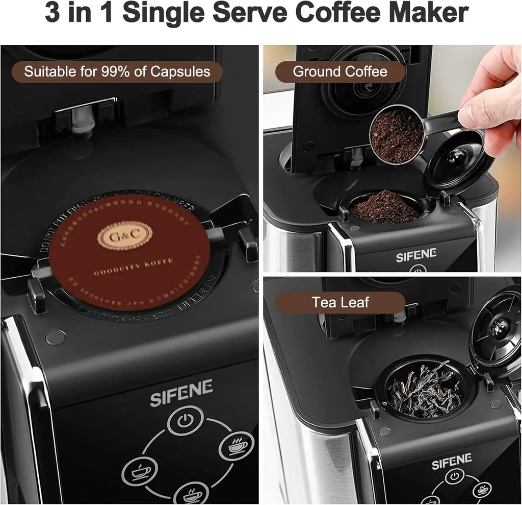 3-in-1 Coffee Maker for Pods, Ground Coffee & Tea, 6-10oz Cups, 50oz Tank, 1150W, Compact Black