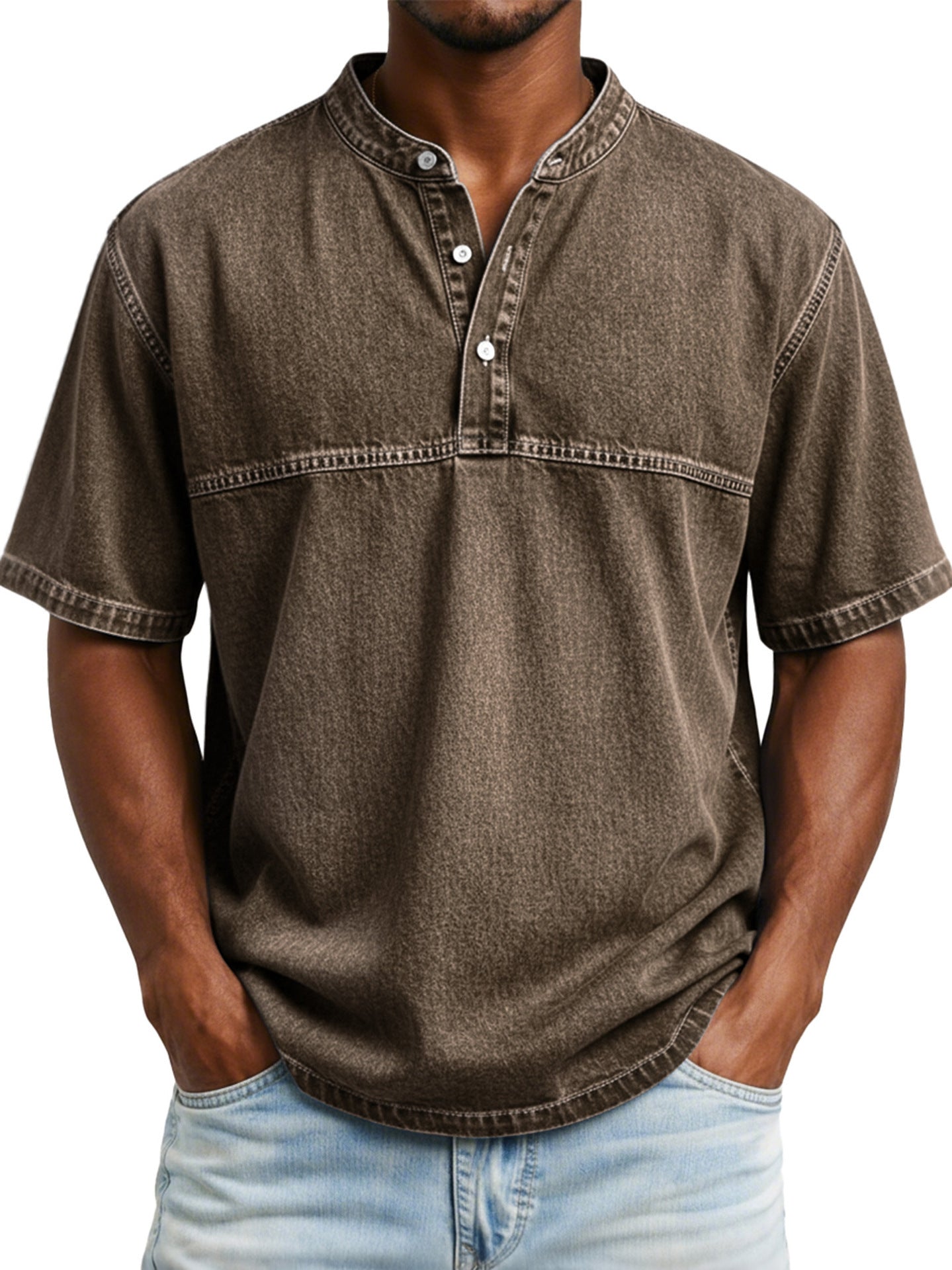 Straight-shoulder Crewneck Three-button Short-sleeve Henley Print Shirt