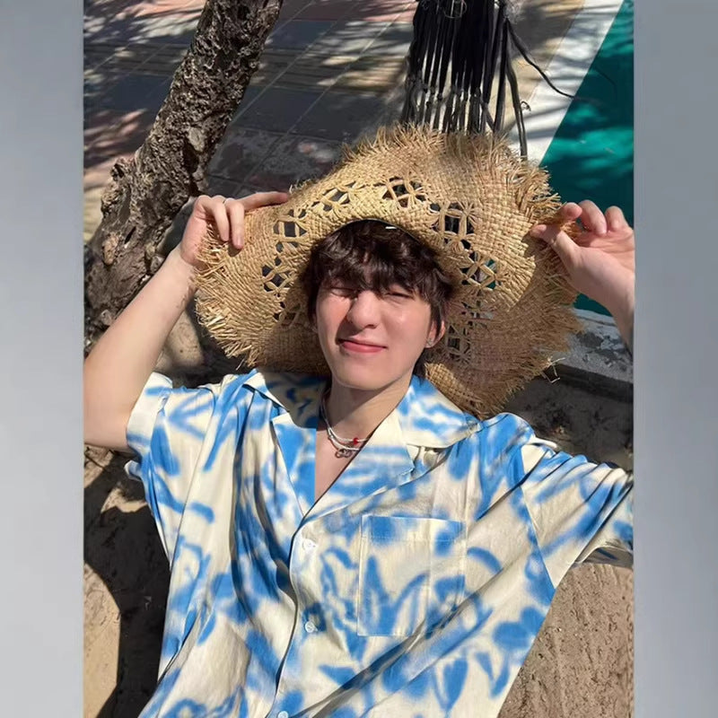 Beach-style Summer Thin Ice-silk Cuban-collar Short-sleeve Shirt