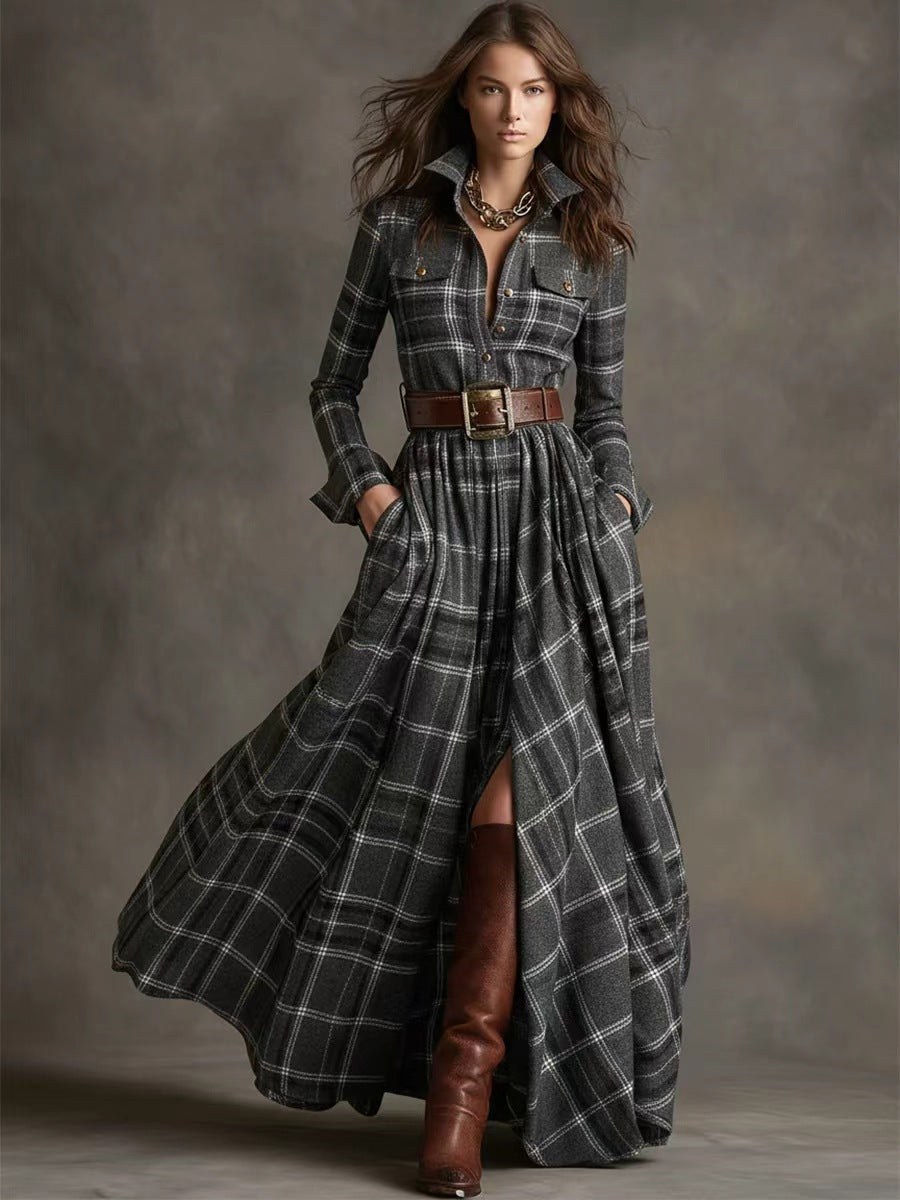 French Vintage Plaid Women Dress