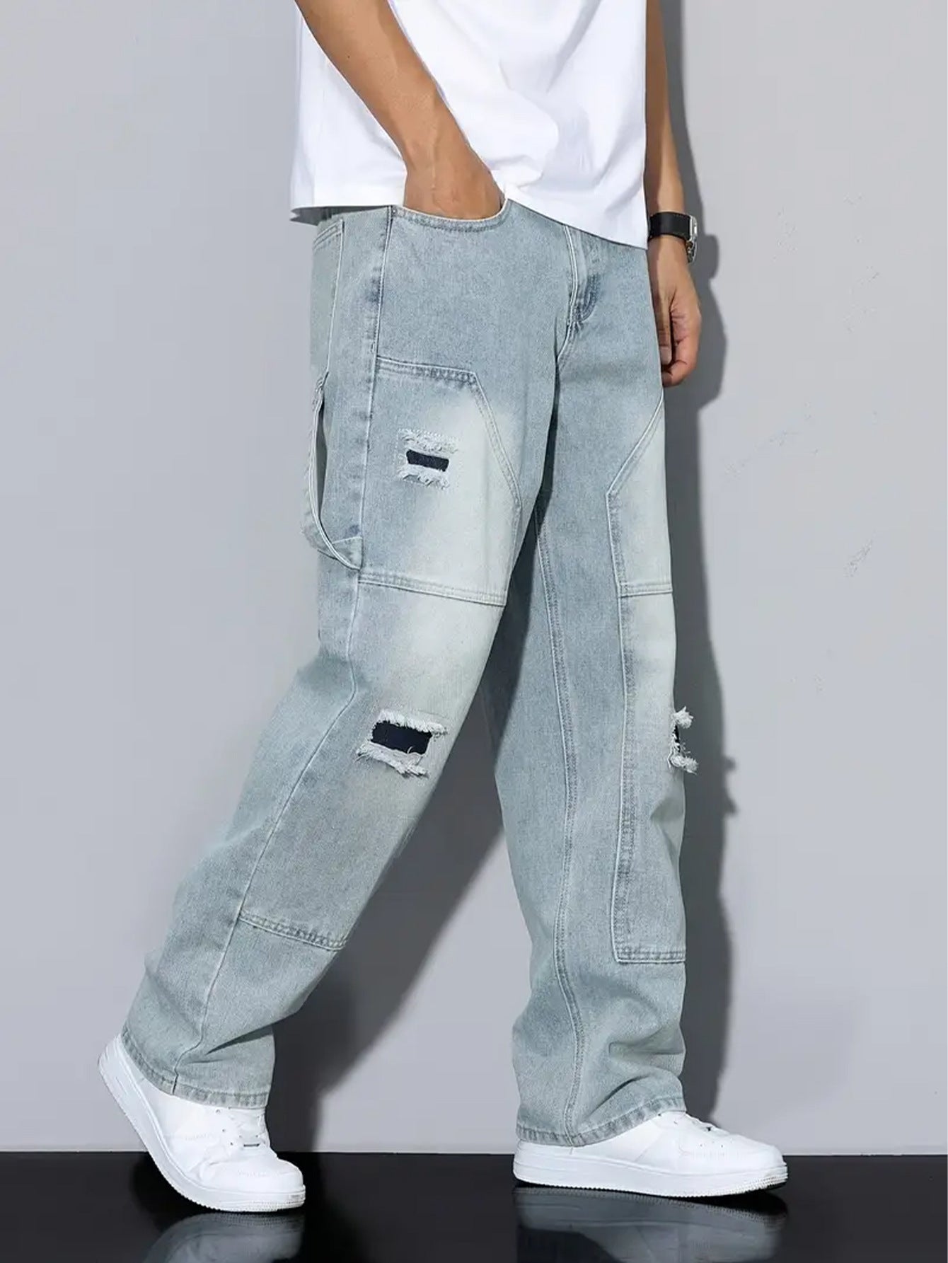Men's Light Blue Ripped Jeans, Loose Straight Leg, All Season Wear