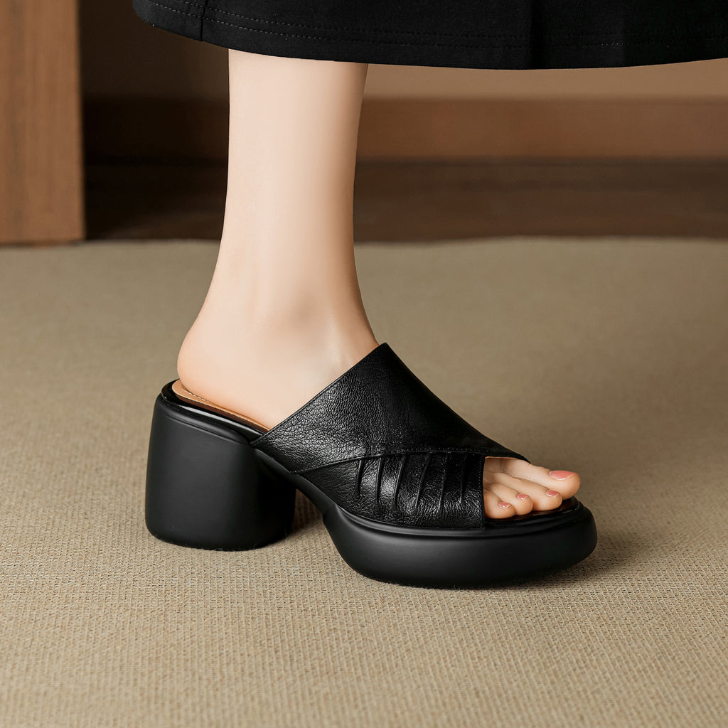Soft Genuine Lambskin Ruched Block Heel Slides, Ladies Open-Toe Leather Mules