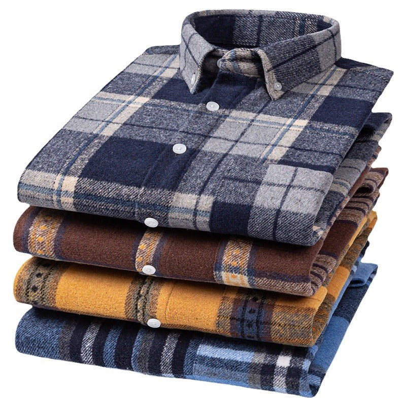 New Fuzzy-Brushed Plaid Mens Shirt Thickened Long-Sleeve Top