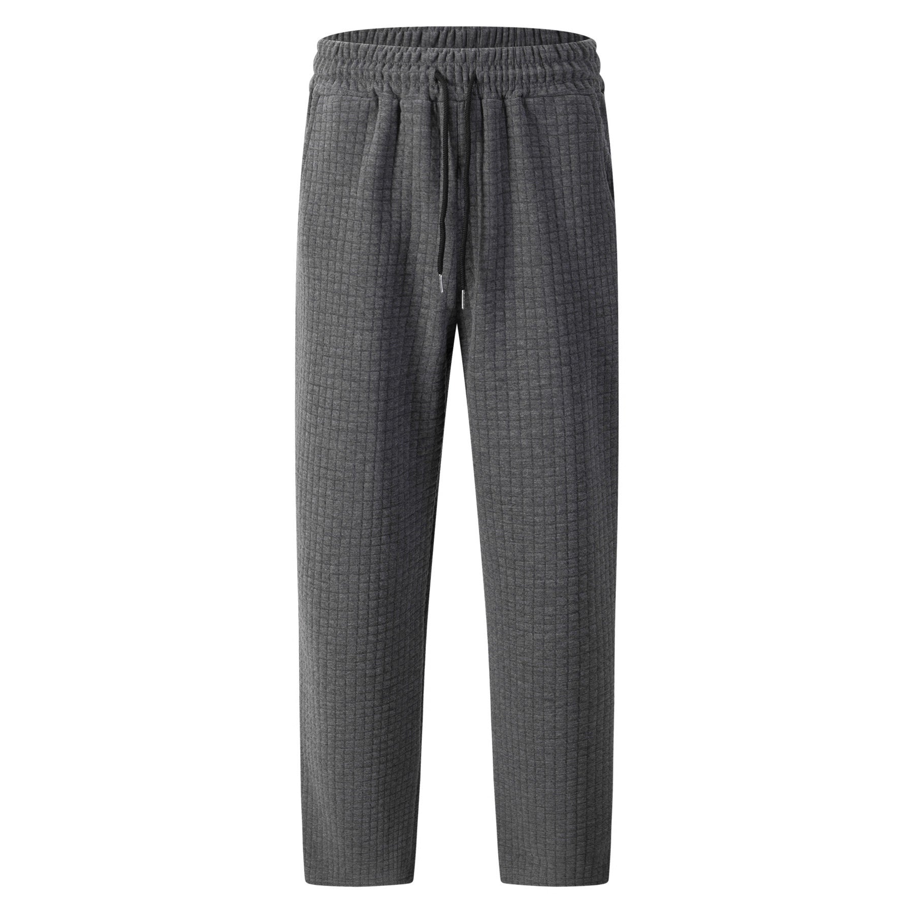 Solid-color Checkered Drawstring Mens Straight-leg Casual Trousers