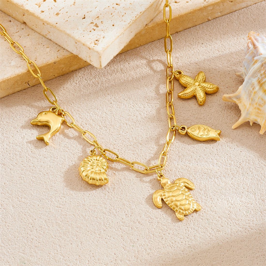 Stainless Steel Snail Turtle Small Fish Clavicle Necklace With Cross Chain