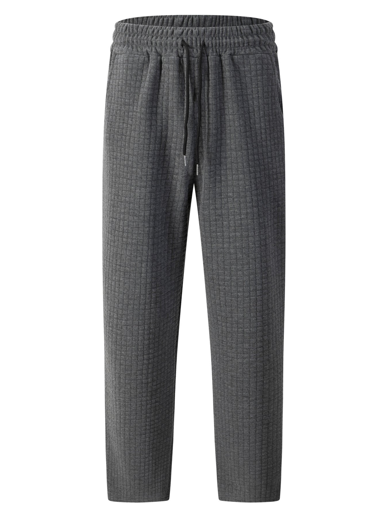 Solid-color Checkered Drawstring Mens Straight-leg Casual Trousers