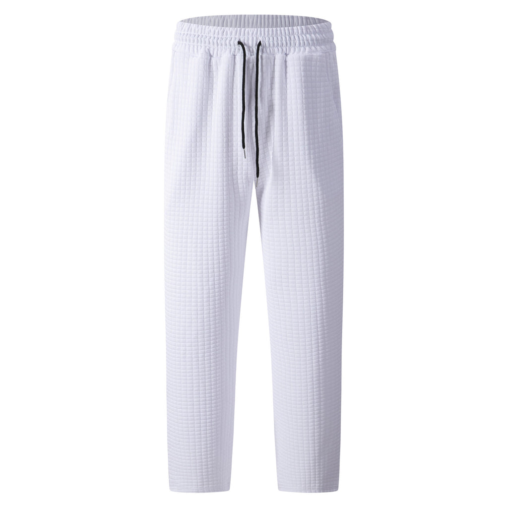 Solid-color Checkered Drawstring Mens Straight-leg Casual Trousers