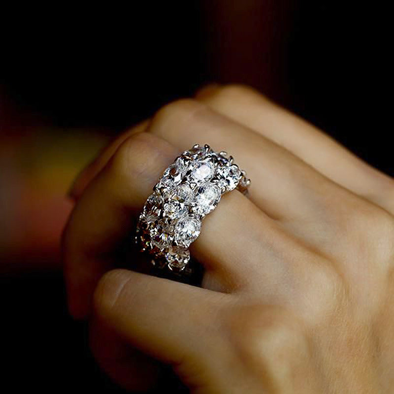 European And American Luxury Row Ring, High-Grade Full Paved Three-Row Zircon Ring, Hot Selling Finger Ring Accessory