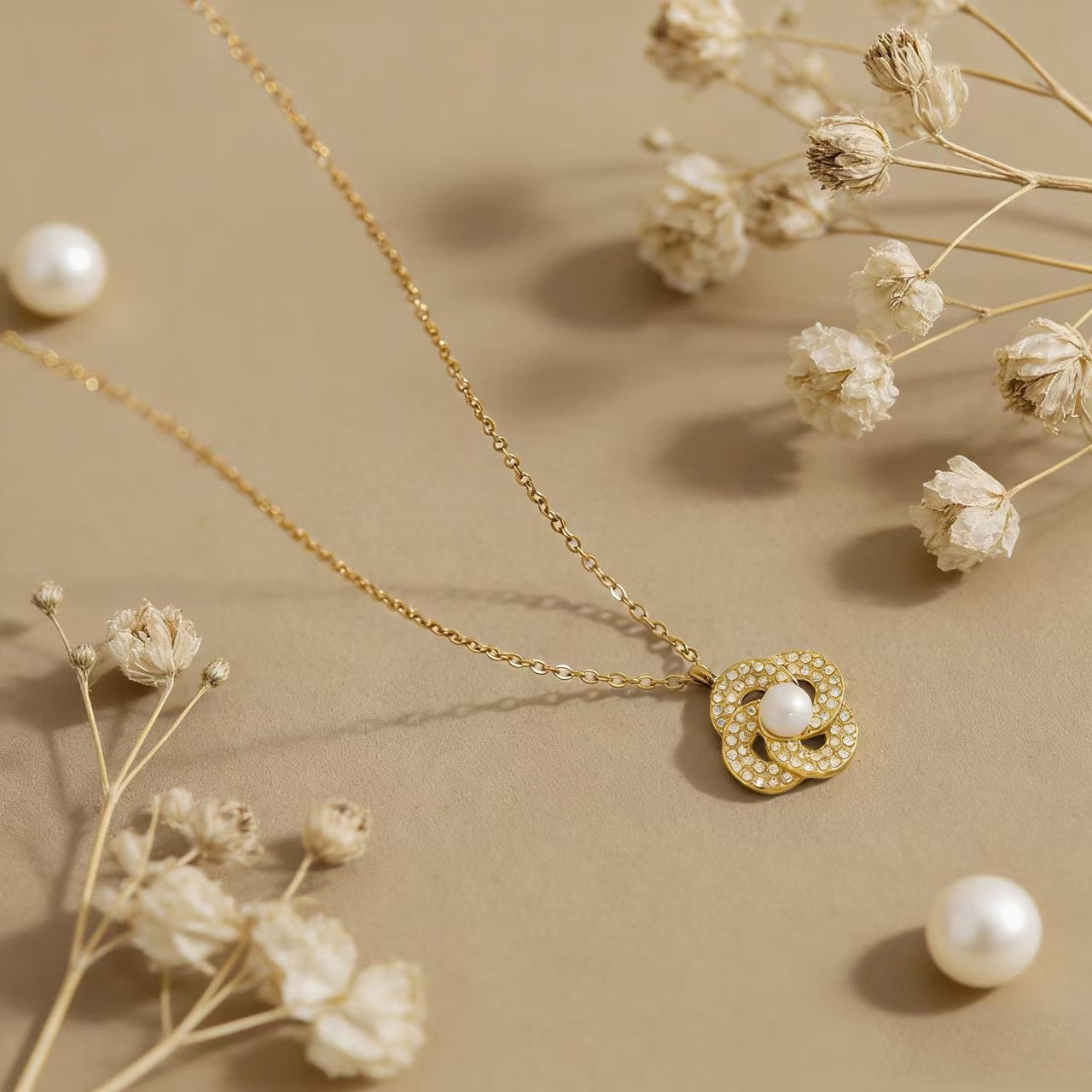 Zircon Pendant Encircling A Pearl Necklace