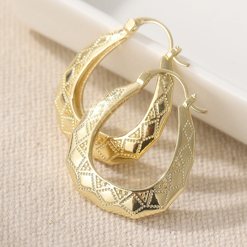 Women's Geometric Carved Oval Hoop Earrings, Personalized Fashionable Bohemian Style Ear Jewelry