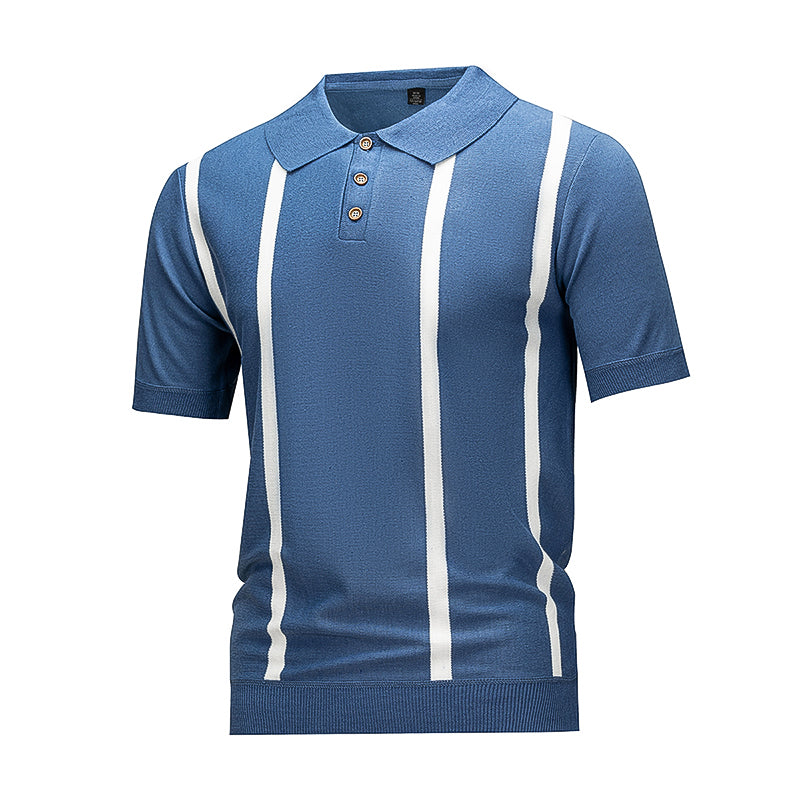 Men's Blue & White Vertical Striped Knit Polo Shirt, Short Sleeve Casual Top