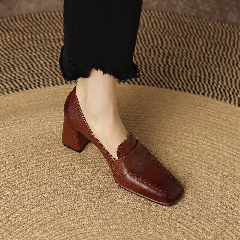 Retro Brown Chunky-Heel Pumps Women's Sheepskin