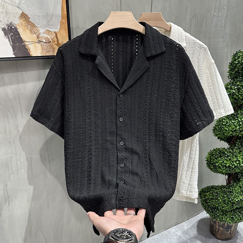 Men's Cool-Feel Cuban Collar Hollow-Out Short-Sleeve Shirt
