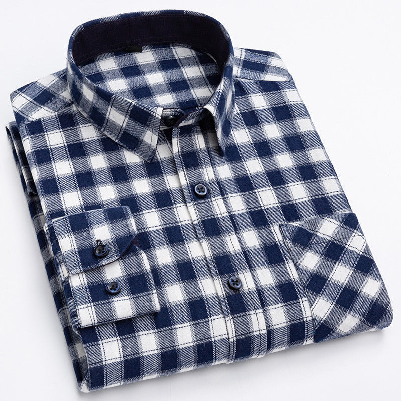 Spring New Mens Casual Fashionable Pure Cotton Brushed Flannel Plaid Long-Sleeve Shirt