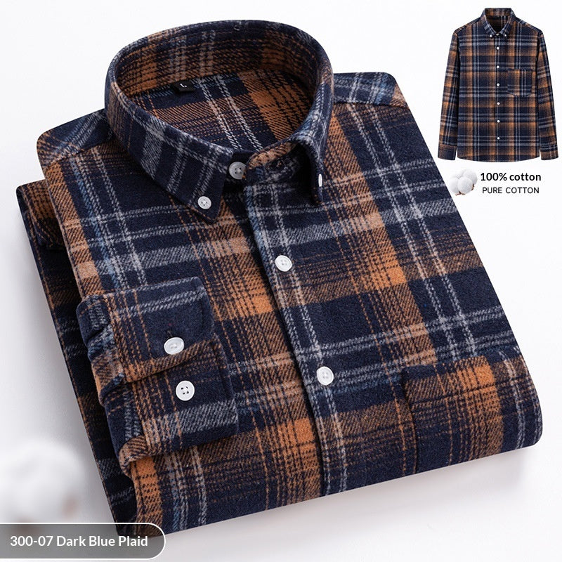 New Fuzzy-Brushed Plaid Mens Shirt Thickened Long-Sleeve Top