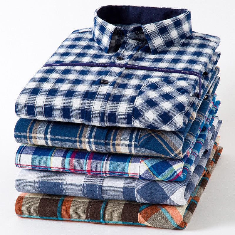 Spring New Mens Casual Fashionable Pure Cotton Brushed Flannel Plaid Long-Sleeve Shirt