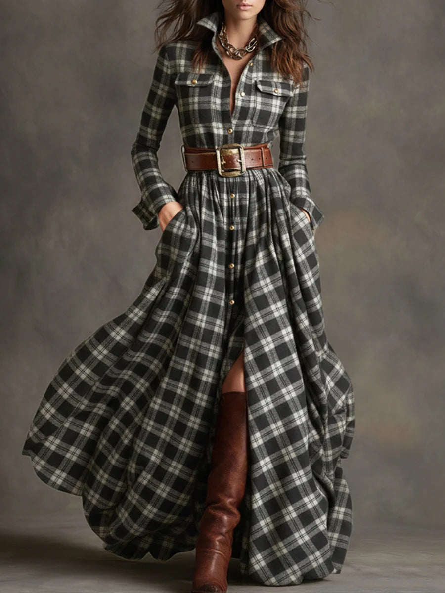 French Vintage Plaid Women Dress