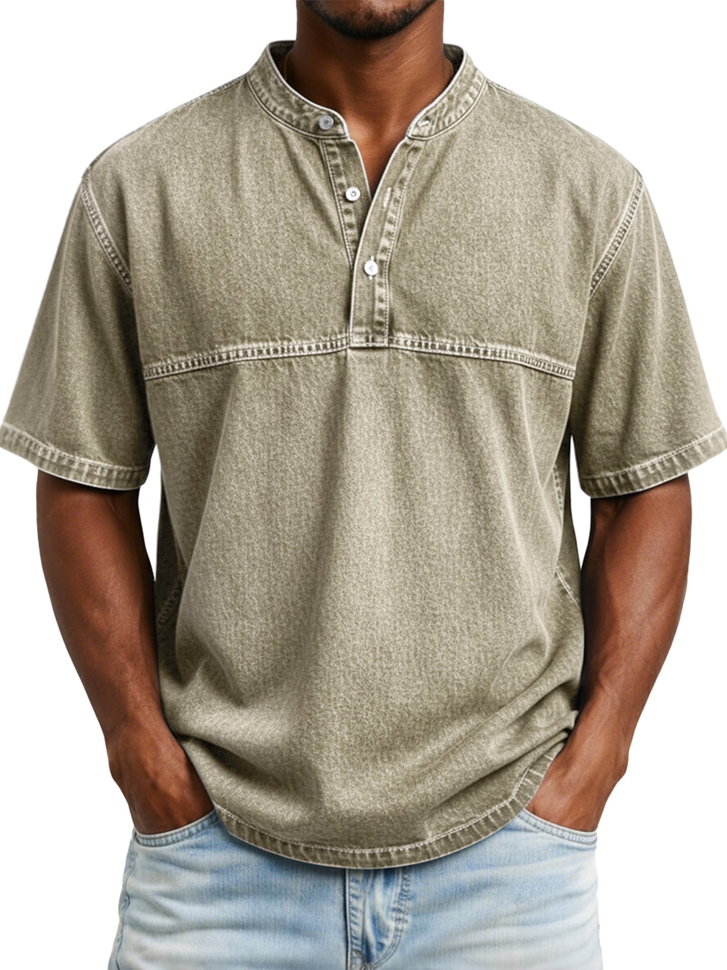 Straight-shoulder Crewneck Three-button Short-sleeve Henley Print Shirt