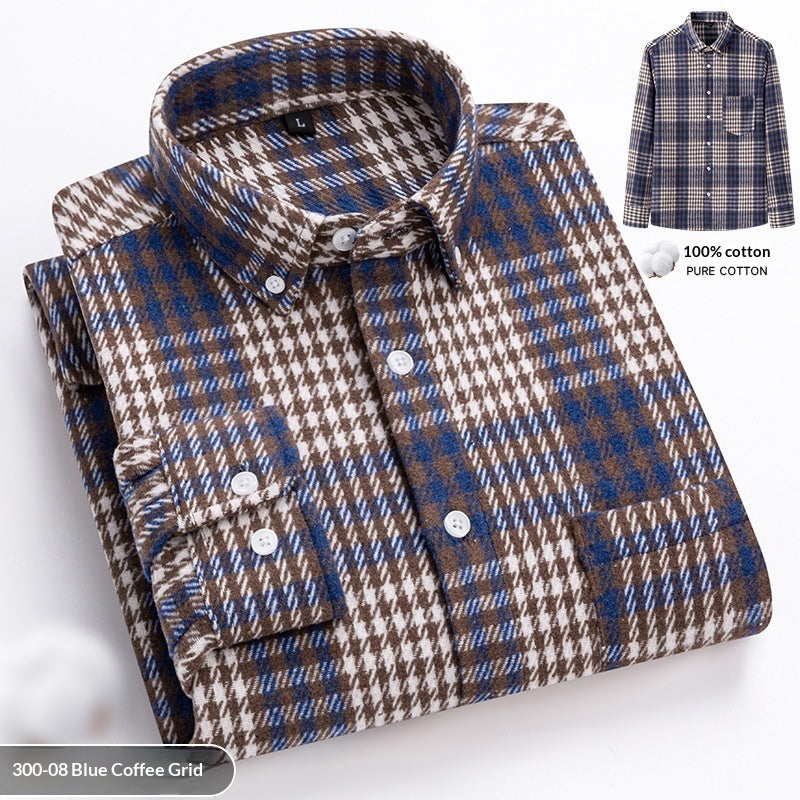 New Fuzzy-Brushed Plaid Mens Shirt Thickened Long-Sleeve Top