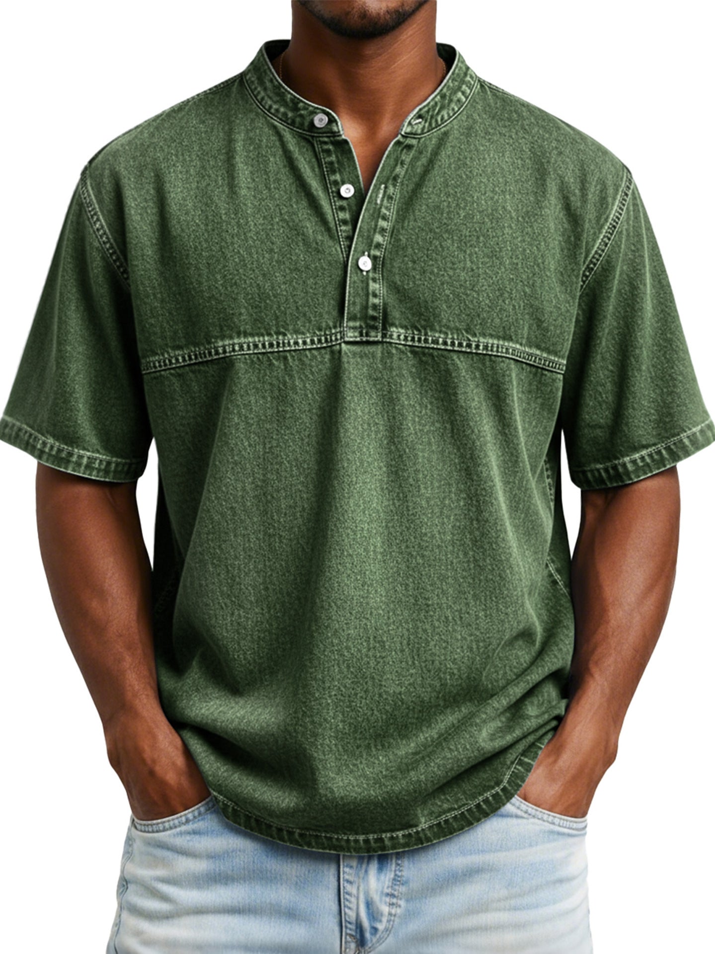 Straight-shoulder Crewneck Three-button Short-sleeve Henley Print Shirt