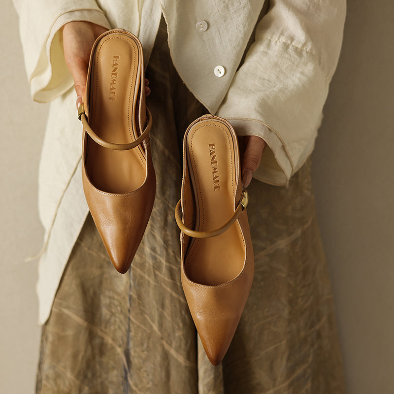 Women's Washed Full Grain Leather Pointed Toe Mary Jane Mules, Low Block Heel Slide Sandals