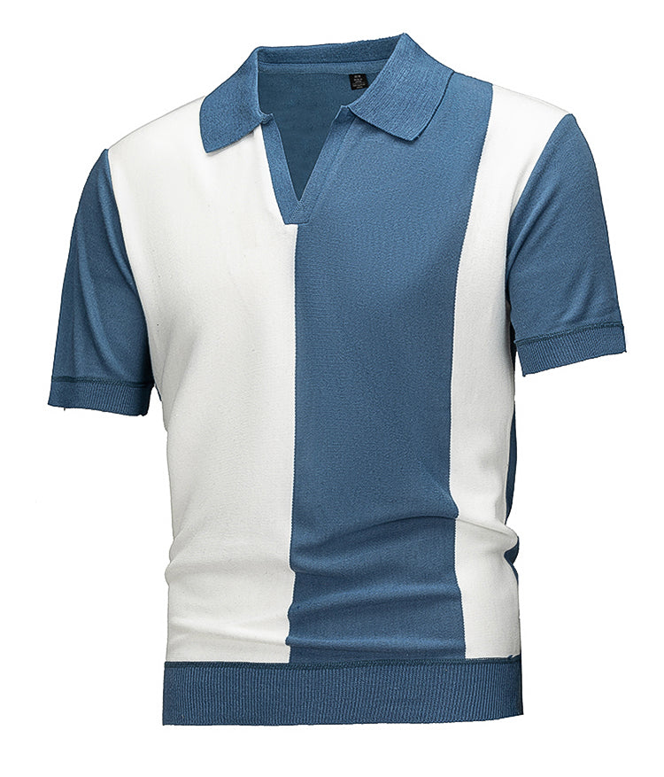 Men's Smart Casual Knit Polo, Navy & White Color Block Short Sleeve Johnny Collar Top