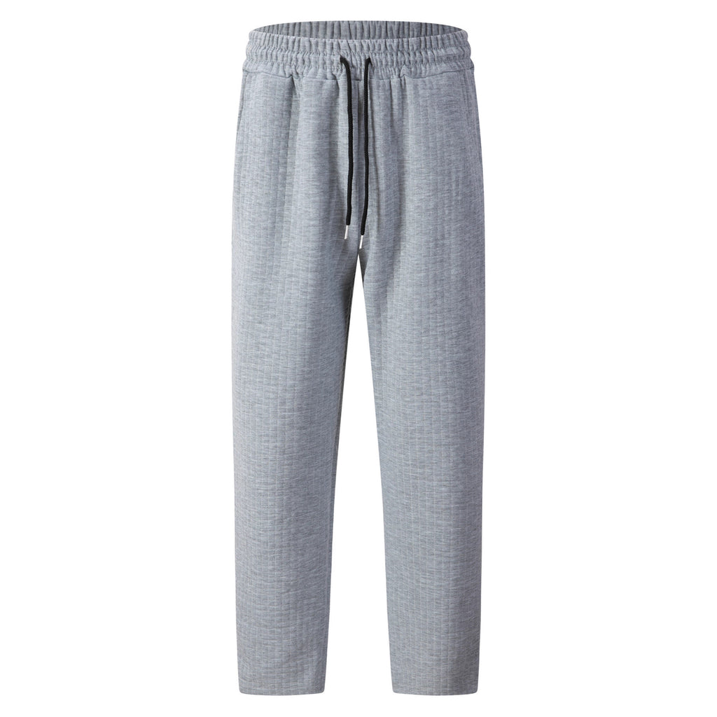 Solid-color Checkered Drawstring Mens Straight-leg Casual Trousers